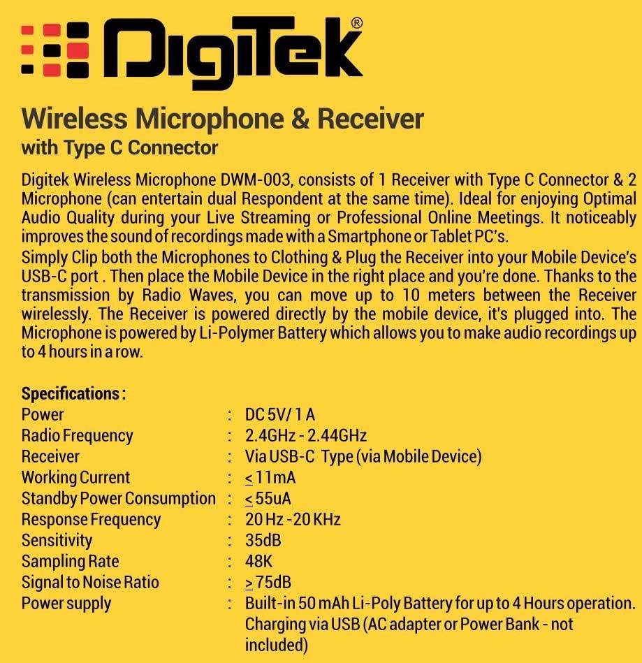 Digitek (DWM 003) Wireless Microphone with Receiver Set, 2 Mics + 1 Receiver, Type C Connector, 4 Hours Continuous Use, 10m Wireless Range, Suitable for Vlog, YouTube, Live Streaming, Video Recording - Image 5