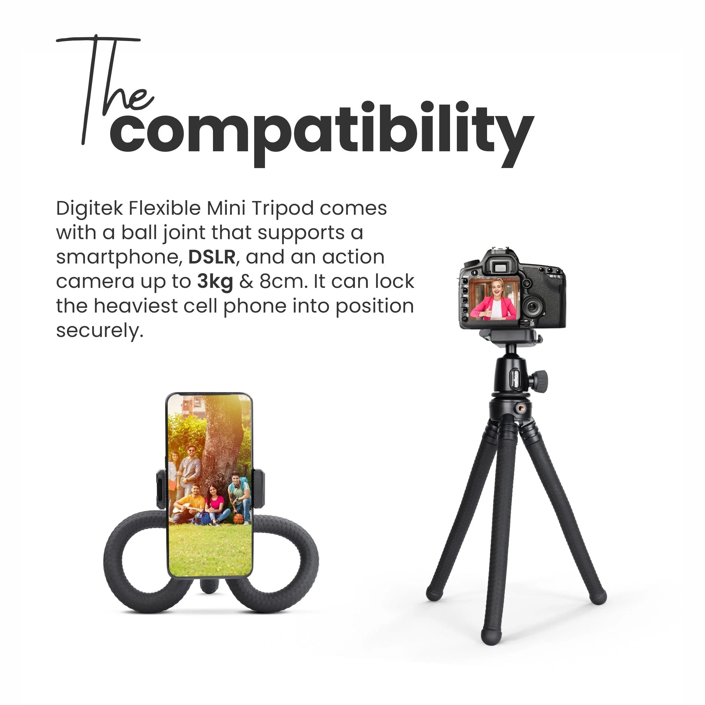 DIGITEK (DTR-320 FT) Flexible Gorillapod Tripod for All Cameras and Mobile Phones with 360° Ball Head and Phone Holder, Max. Load 3kgs, Carry Bag Included, (Black) - Image 5