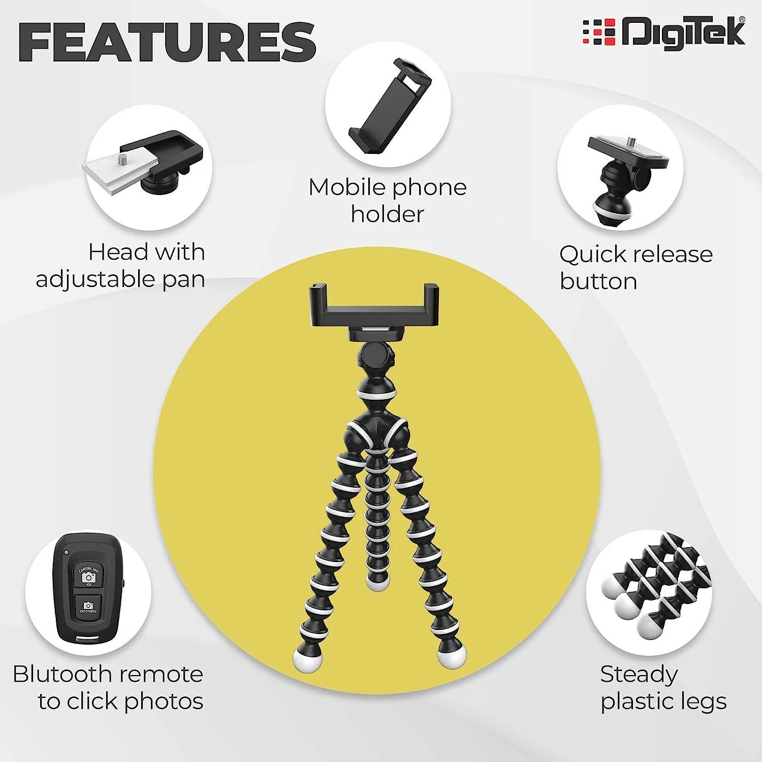 DIGITEK® (DTR 260 GT) Gorilla Tripod/Mini 33 CM (13 Inch) Tripod for Mobile Phone with Phone Mount & Remote, Flexible Gorilla Stand for Point and Shoot & Action Cameras - Image 7