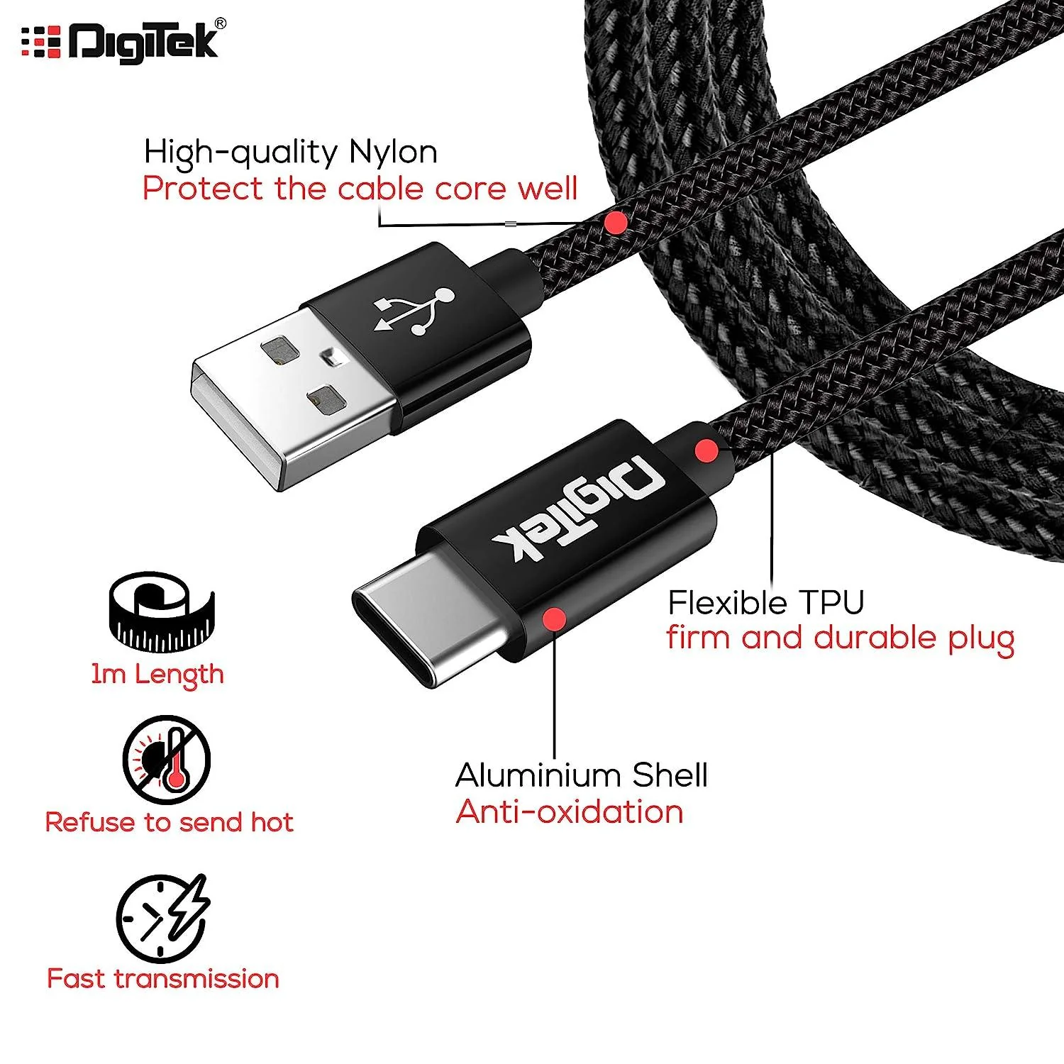 Digitek (DC 1M C NBBLK) Digitek Platinum Nylon Braided Rapid Charge & Data Sync Type C USB Cable. - Image 4