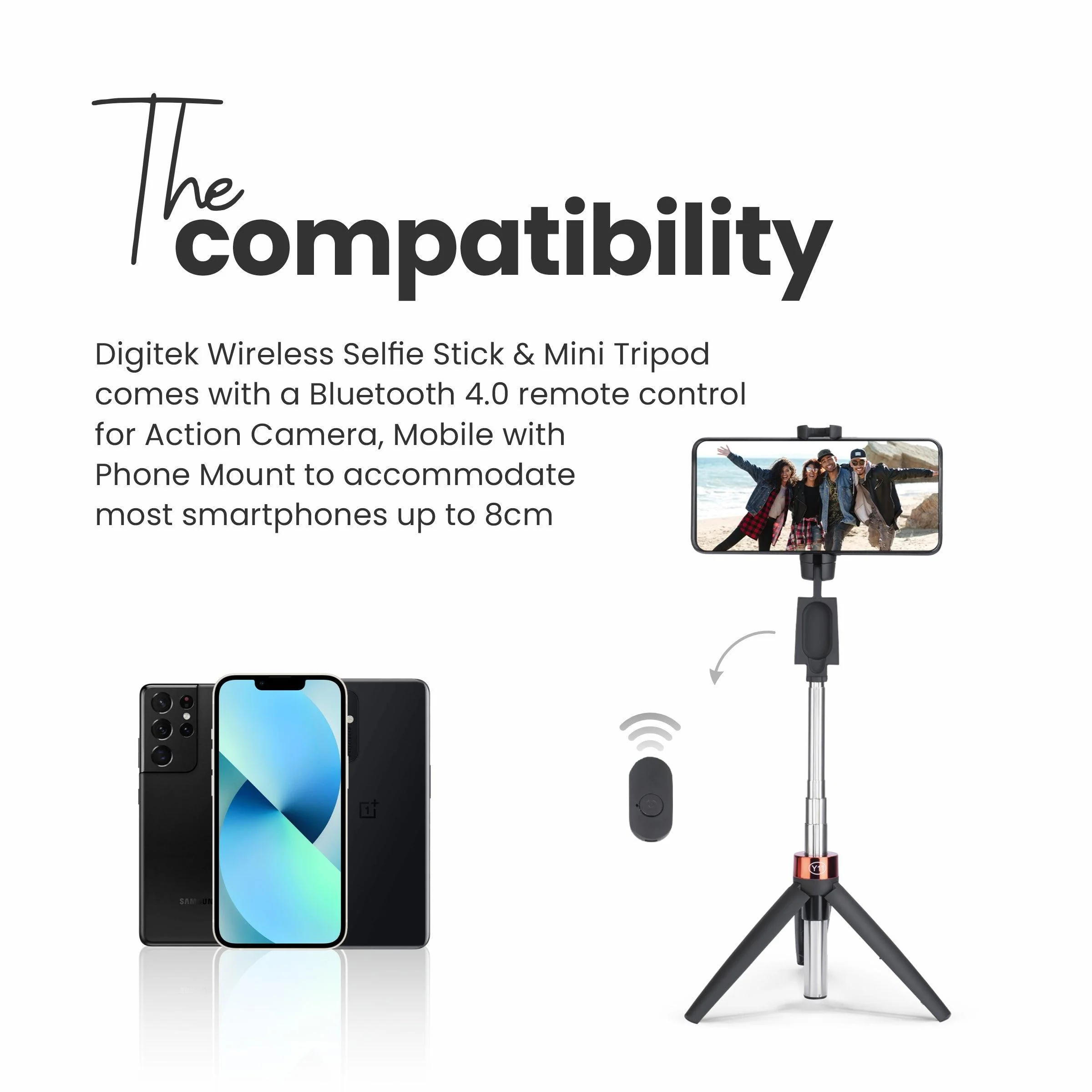 DIGITEK® (DTR-210SS) 68cm Portable Selfie Stick with Wireless Remote, 3 Legs Tripod Base, Rubberized Feet, 1 Kg Max Weight Load, 360° Rotation, Compatible with All Smartphones Photography, Videography - Image 6