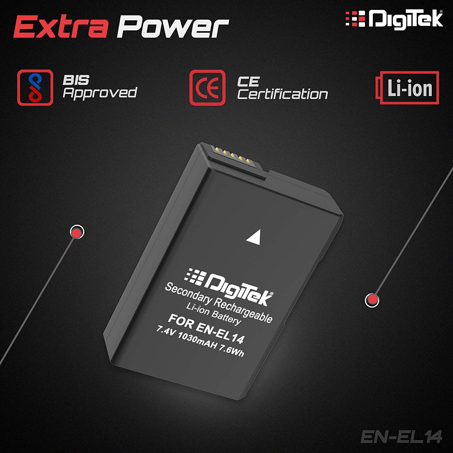 Digitek (ENEL14) 1030mAh Secondary Rechargeable Battery Packs for Digital Camera & Digital Camcorders, Compatibility - D3100 DSLR, D5100DSLR, Coolpix P7000 & More - Image 3